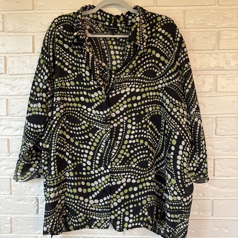 Club Collection Women's Blouse Size 3X Black Geo 3/4 Sleeve Ribbed Tank Attached